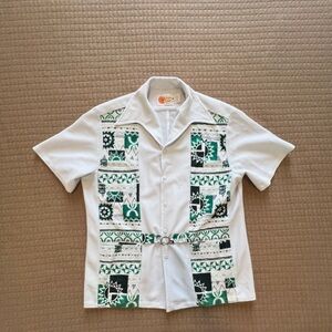 Vintage Tiki White and Green Patterned Men's Shirt
